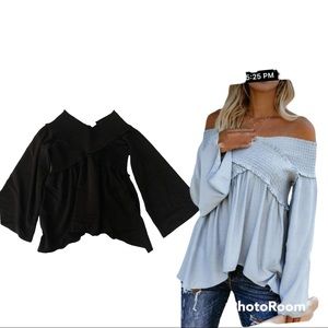 Flawless black off the shoulder smocked long sleeve bell top